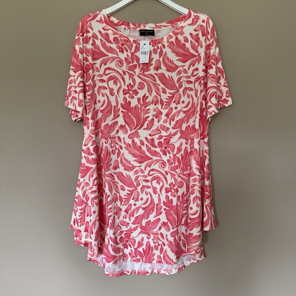 NWT Lane Bryant 14/16 Pink Stretchy Swing Top Boatneck Tee Stretch Floral Leaf - Picture 1 of 8